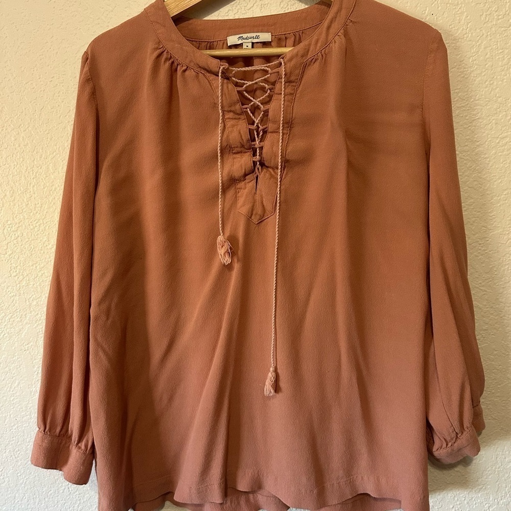 Madewell Orange Red 3/4 Sleeve Blouse with Tie Front